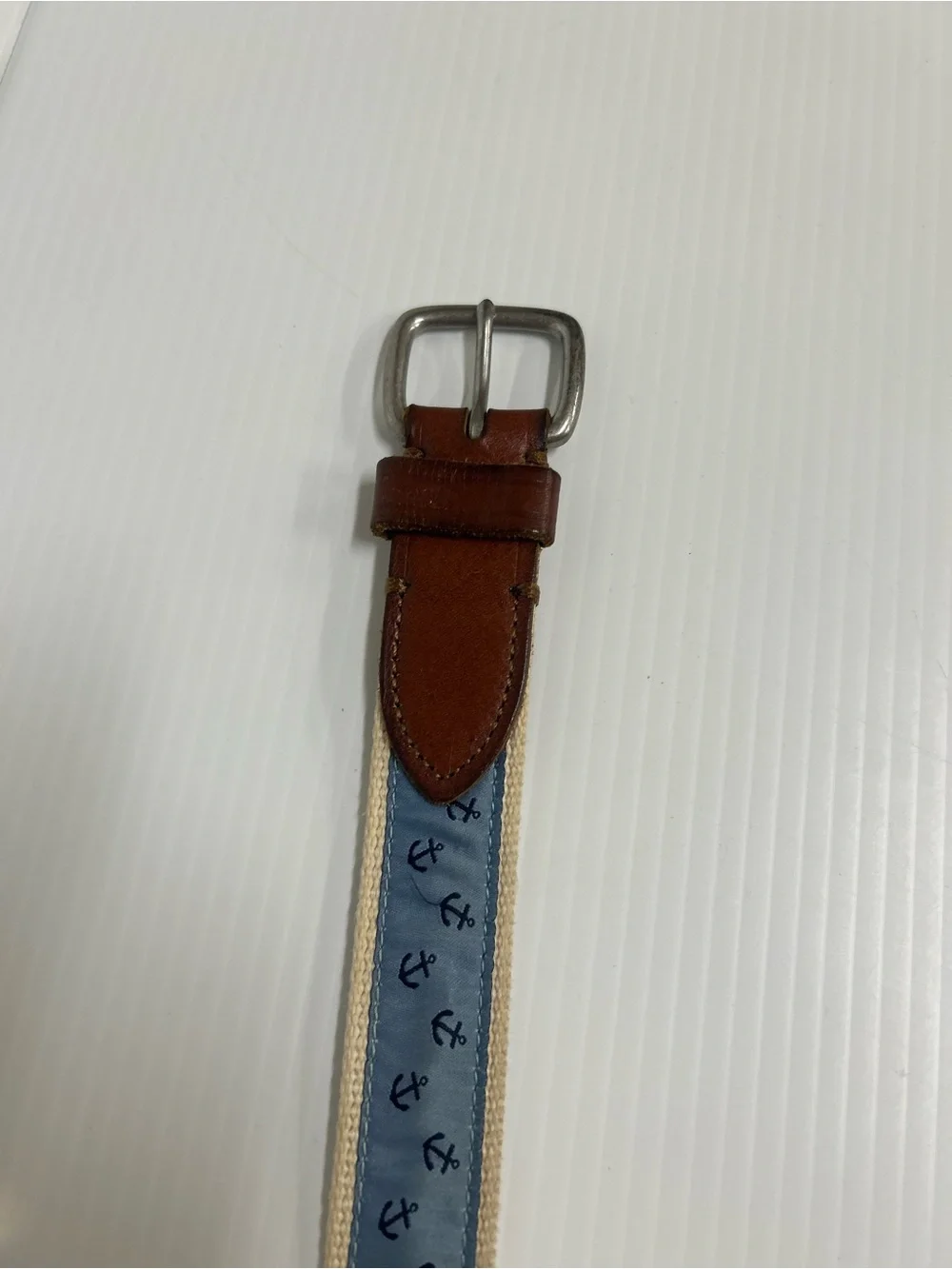 J.Crew Nautical Canvas Belt Size 34 Blue Anchor Leather Trim